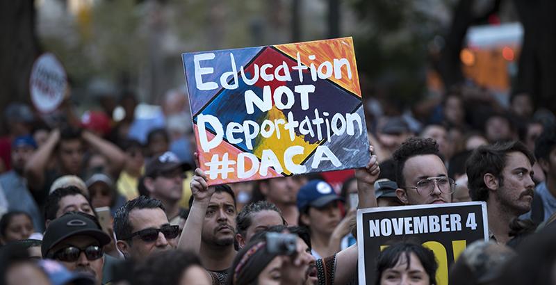 DACA supporters protest the Trump administrations termination of the Deferred Action for Childhood Arrivals program. Los Angeles, California on September 5, 2017. The DACA program protected 800,000 young undocumented immigrants from deportation.(Photo by: Ronen Tivony) (Photo by Ronen Tivony/NurPhoto via Getty Images)