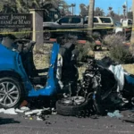 Damaged vehicles after a wrong-way head-on crash on Sahara Avenue in Las Vegas