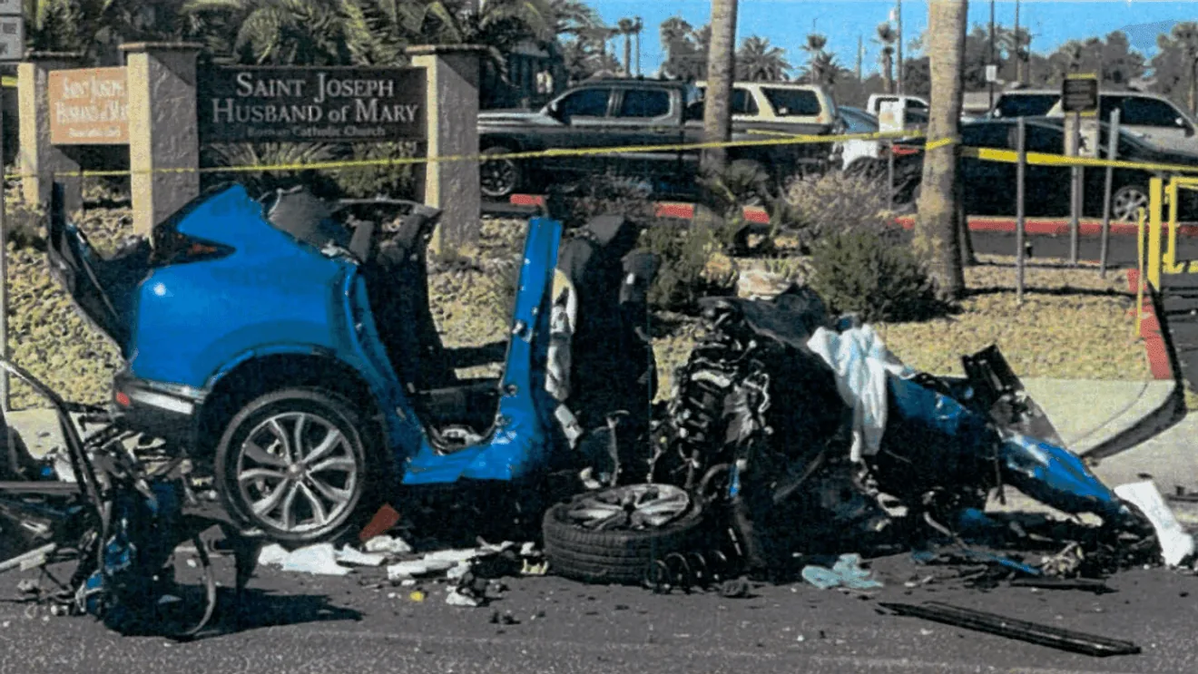 Damaged vehicles after a wrong-way head-on crash on Sahara Avenue in Las Vegas