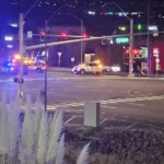 Police vehicles on a closed roadway during an overnight investigation in Sparks, Nevada