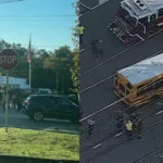 Overturned school bus after a crash at a Newtown Township intersection
