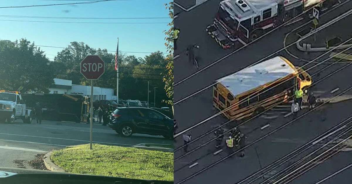 Overturned school bus after a crash at a Newtown Township intersection