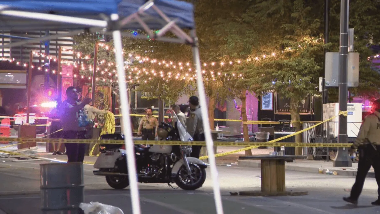 Police tape near the Las Vegas Arts District after a fatal shooting
