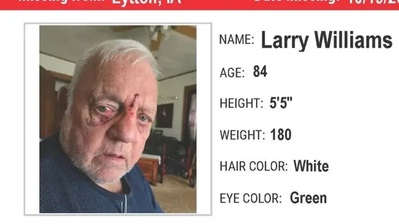 Official advisory notice for missing 84-year-old Larry Williams in Sac County, Iowa