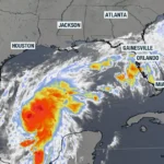 Satellite view of Tropical Storm Isaias moving toward the northern Gulf Coast