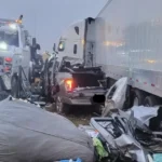 Colorado State Patrol vehicle near an Interstate 70 crash scene with tow trucks working on a semi