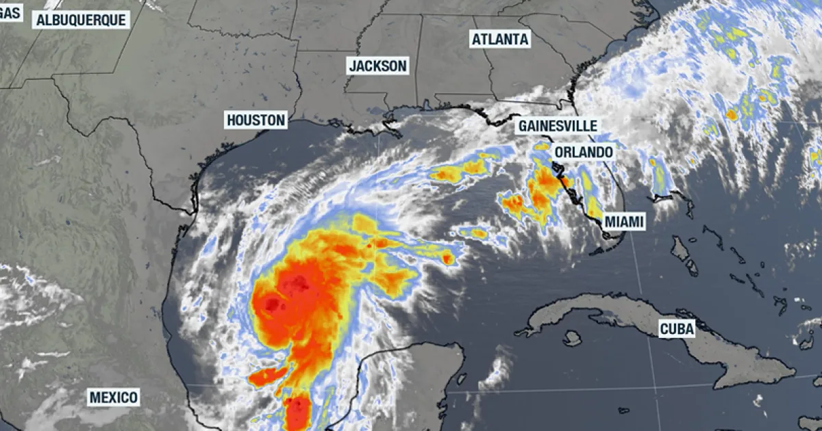Satellite view of Tropical Storm Isaias moving toward the northern Gulf Coast
