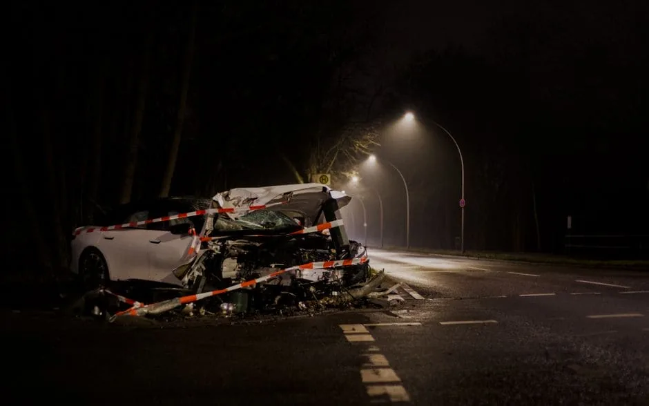 A Mississippi Highway Patrol cruiser near an interstate crash scene